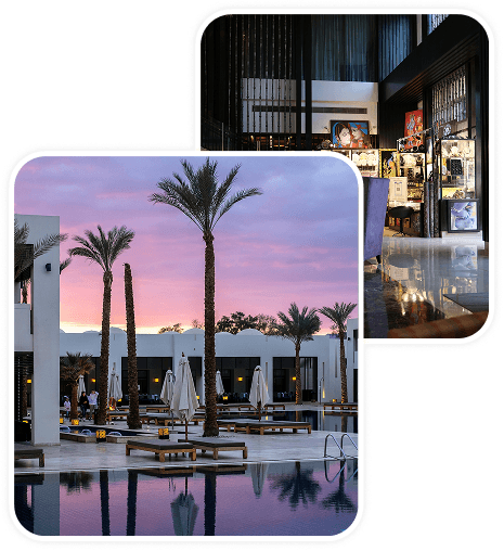 Resort pool with palm trees at sunset, and a hotel lobby