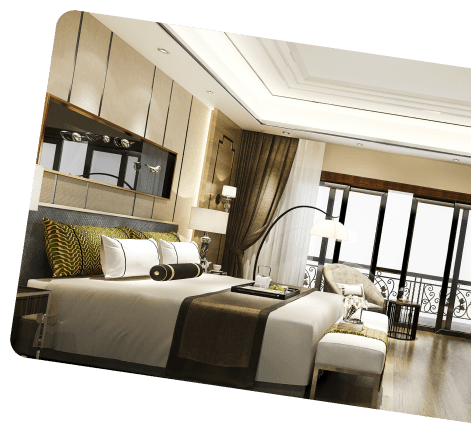 Luxury hotel bedroom with a city-view balcony